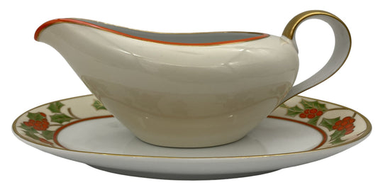 Fitz & Floyd Christmas Holly Gravy Boat & Underplate