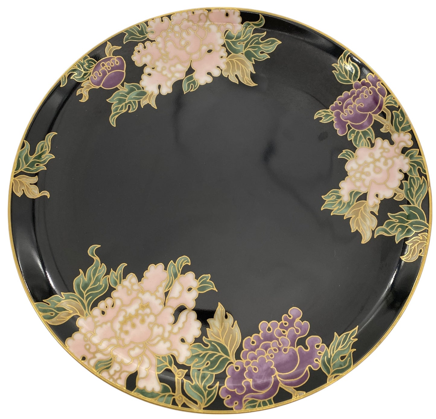 Fitz & Floyd Cloisonne Peony Black Pedestal Cake Stand